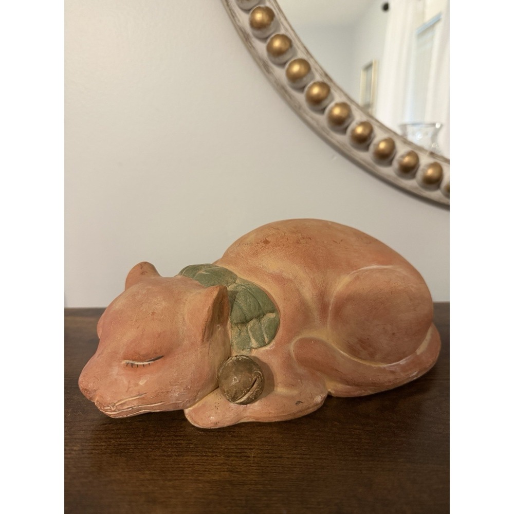 Vintage Hong Kong Terra Cotta Sleeping Cat Figurine Bell Collar 9" Decor‎